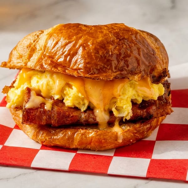 Croissant breakfast sandwich with scrambled eggs, melted cheese, and sausage on a checkered napkin.