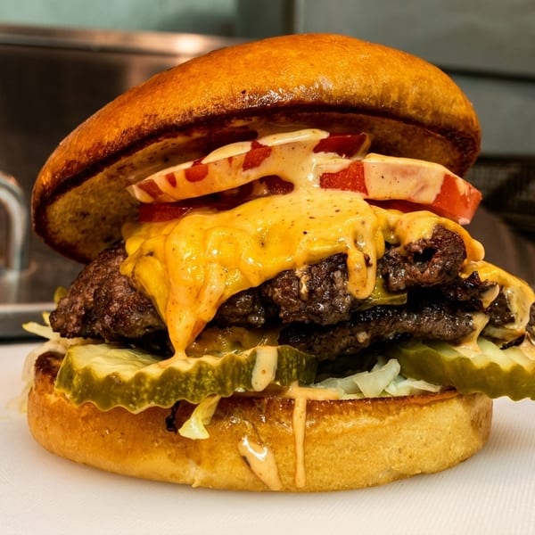 A juicy double cheeseburger with melted cheese, tomatoes, pickles, and sauce on a toasted bun.