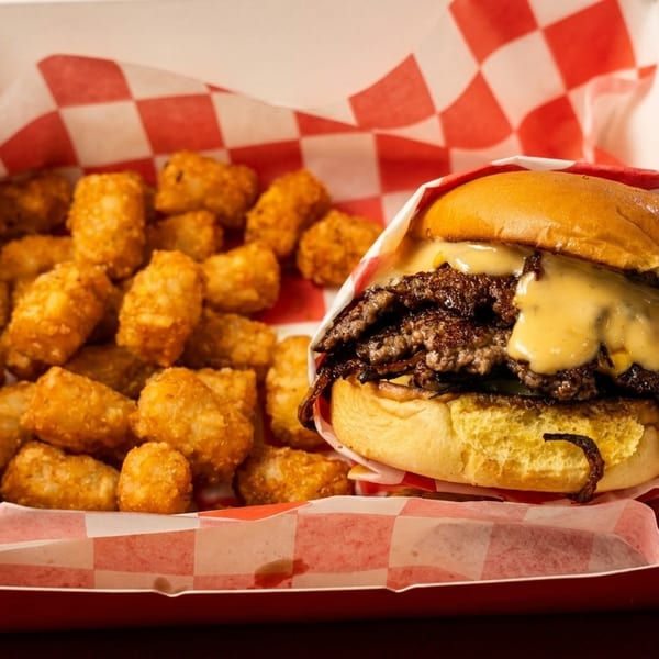 A double smash burger with melted cheese and tater tots in a red and white checkered paper-lined box.