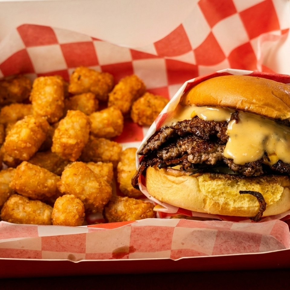 A double smash burger with melted cheese and tater tots in a red and white checkered paper-lined box.
