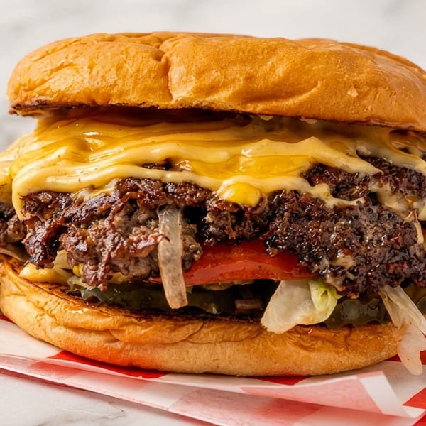 A double smash burger with melted cheese, lettuce, tomato, and onions on a brioche bun.