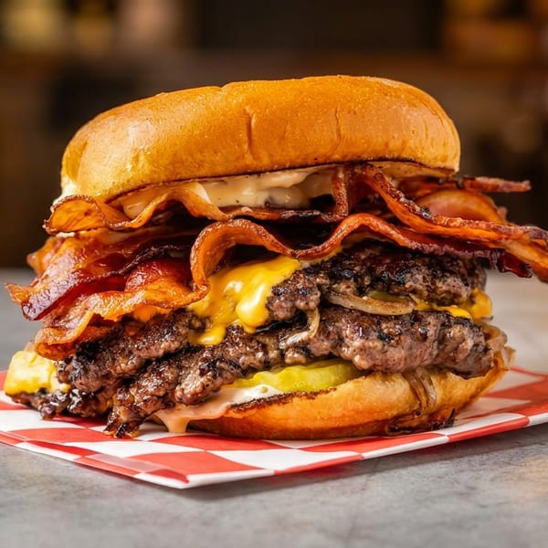 A double bacon cheeseburger with melted cheese, grilled onions, and pickles on a red and white checkered paper.
