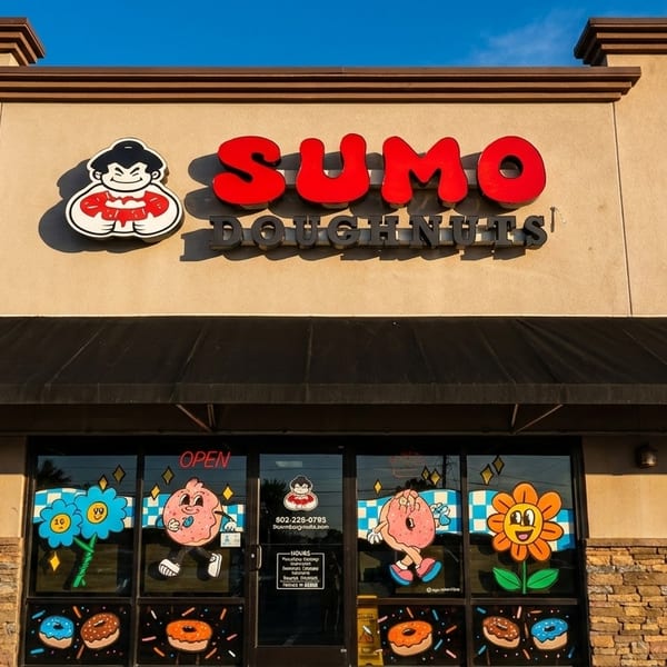 Exterior of Sumo Doughnuts with a sumo wrestler logo and colorful donut-themed window decals.