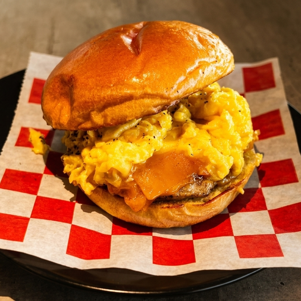 A breakfast sandwich with scrambled eggs, cheese, and a patty on a brioche bun.